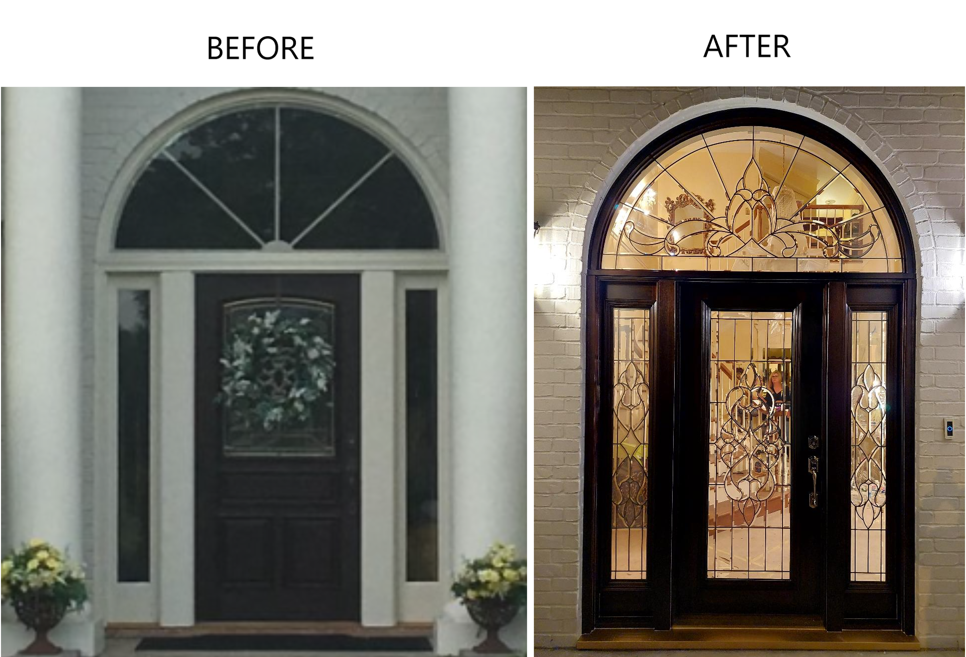 Before-and-after of a house entryway: plain front door changed to an ornate, warmly lit glass door.