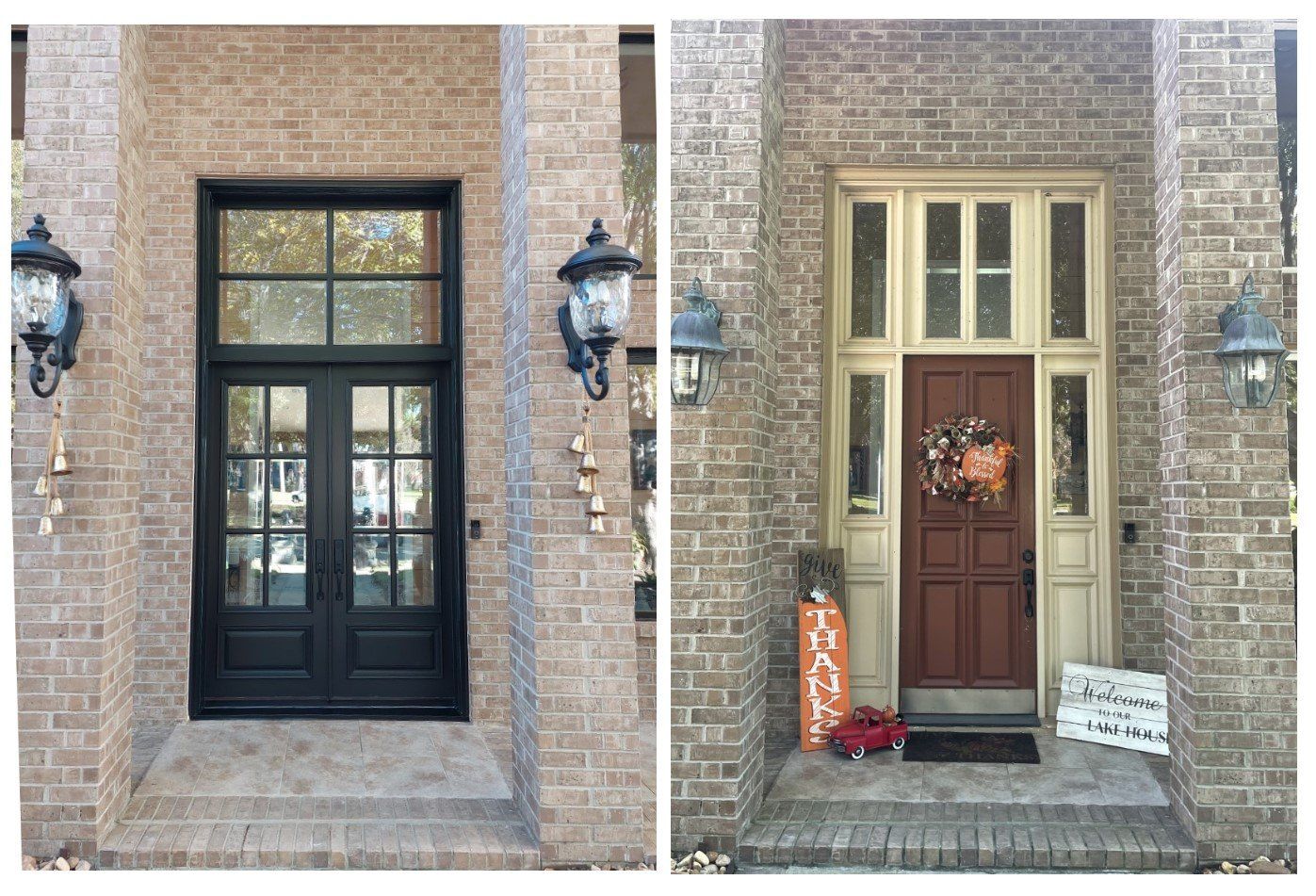 Two front doors on brick buildings: a black windowed door and a brown door with wreath and lanterns.