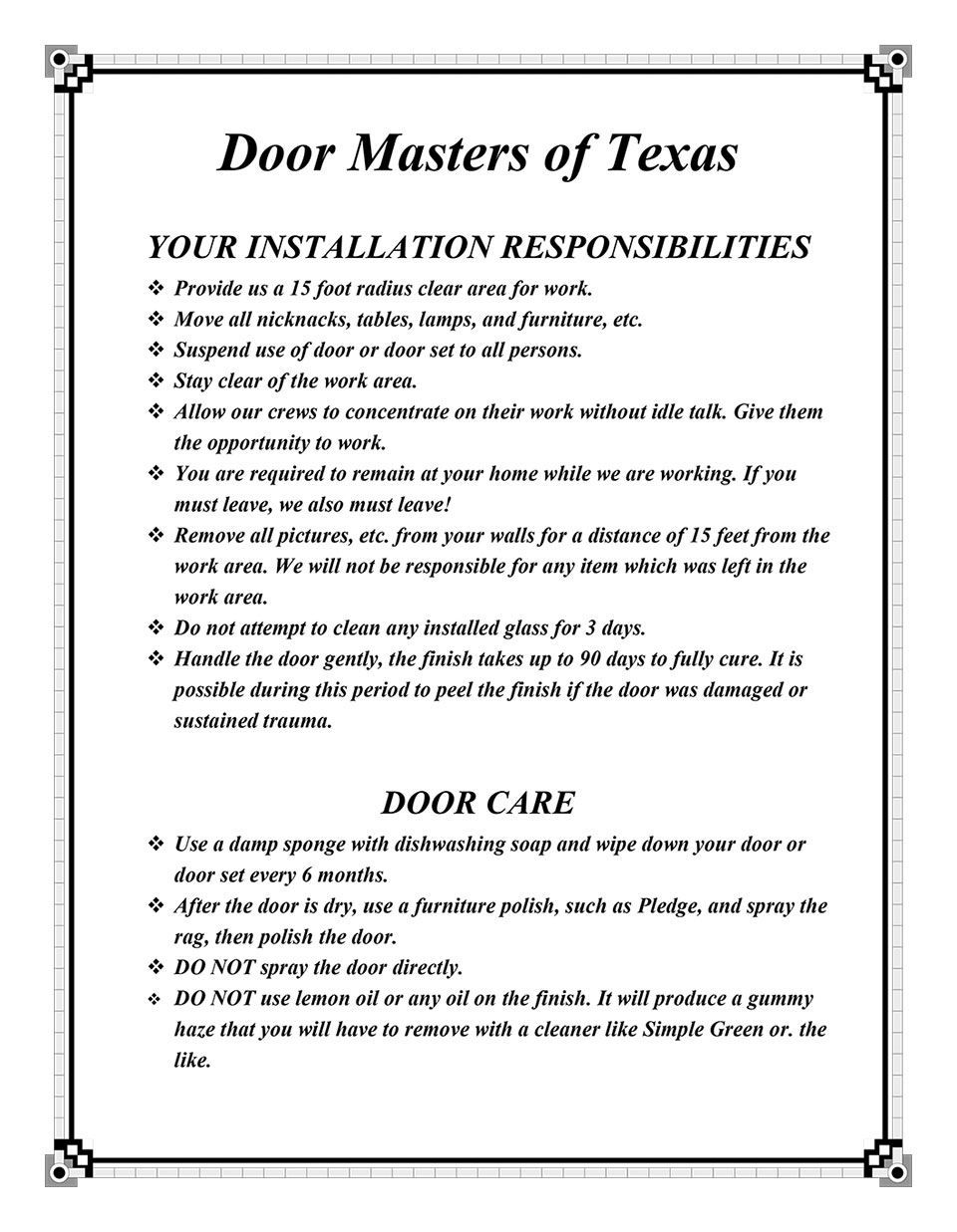 Flyer titled “Door Masters of Texas” with installation responsibilities and door care tips.