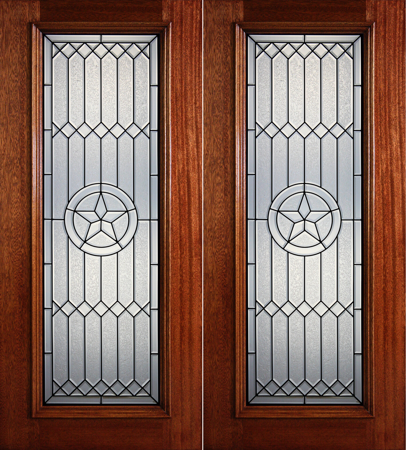 Wooden double front door with frosted glass panels and star-shaped decorative inserts