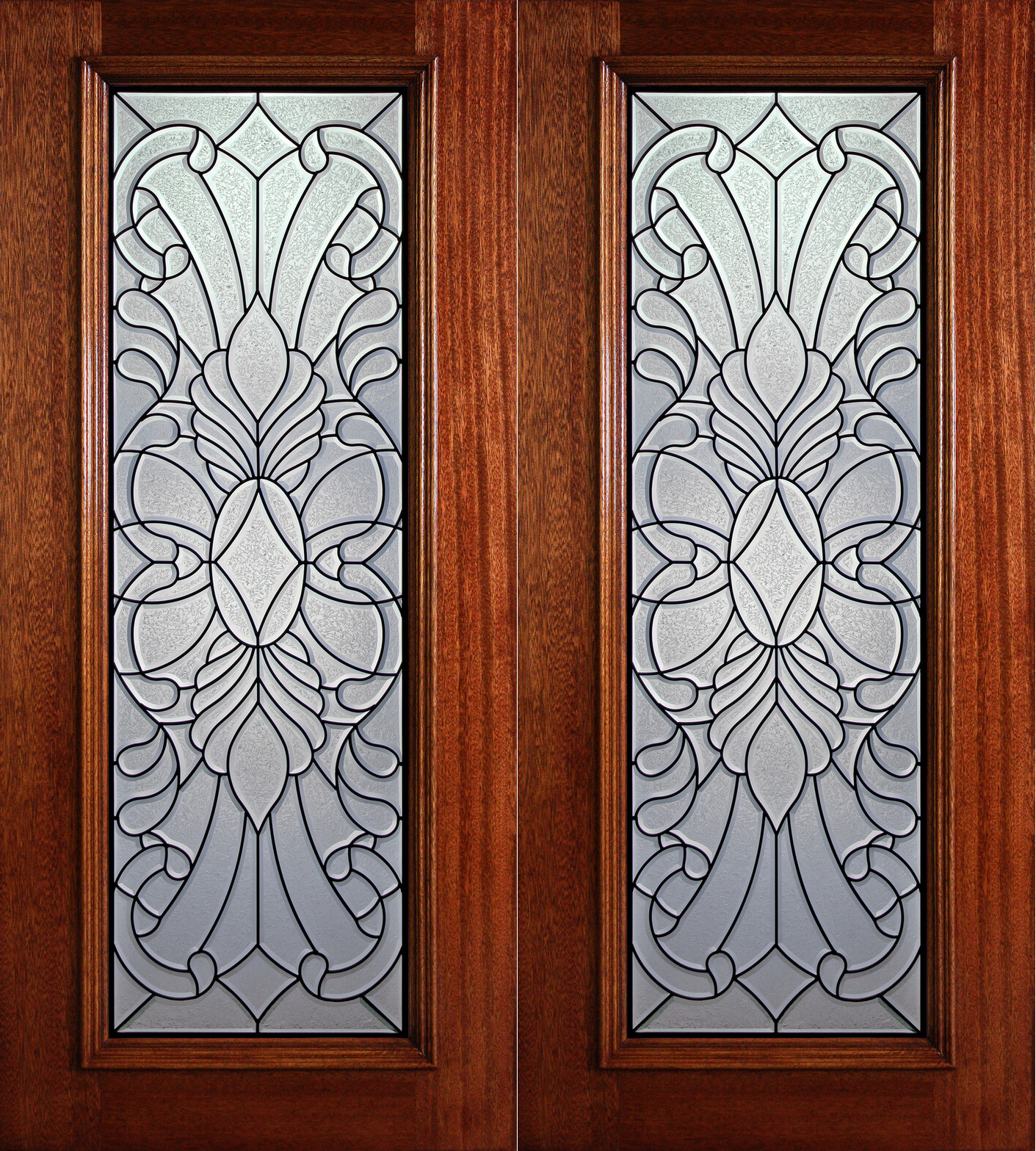 Two wooden frosted glass cabinet doors with ornate etched floral panels