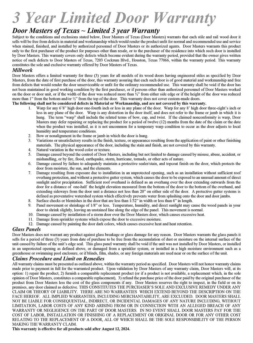 Warranty document titled “3 Year Limited Door Warranty” with dense small-print terms and conditions.