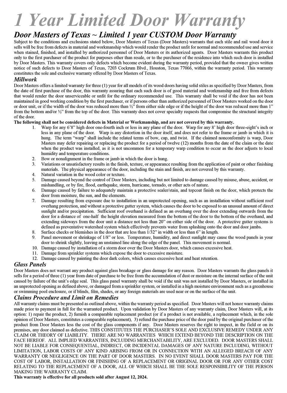 Printed warranty document titled “1 Year Limited Door Warranty” with dense fine print text.