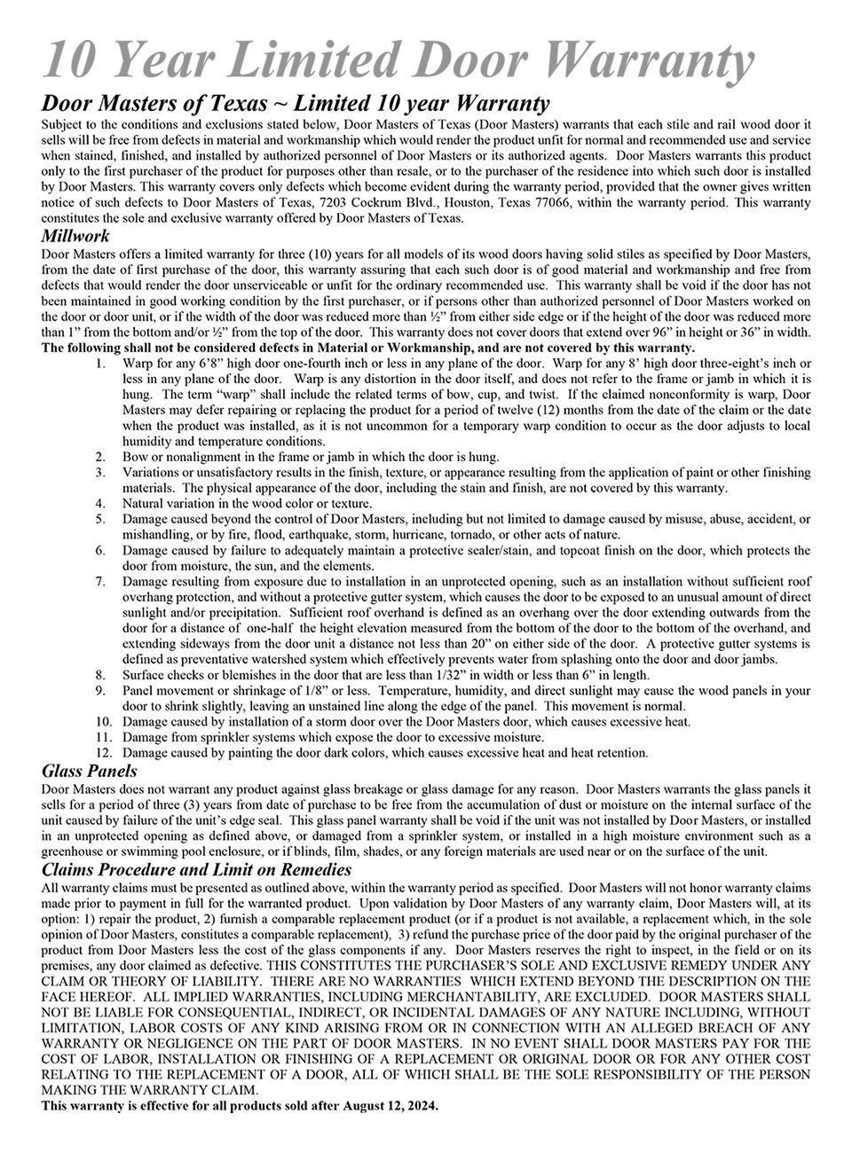 Warranty document titled “10 Year Limited Door Warranty” with dense small-print terms and conditions.