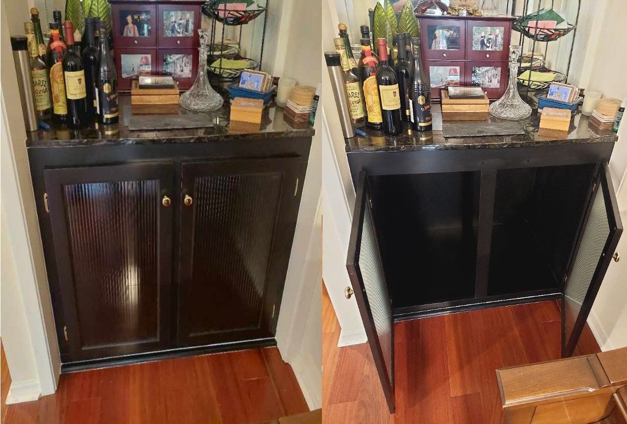Cabinet before and after, showing closed dark wood doors on the left and open empty shelves on the right.