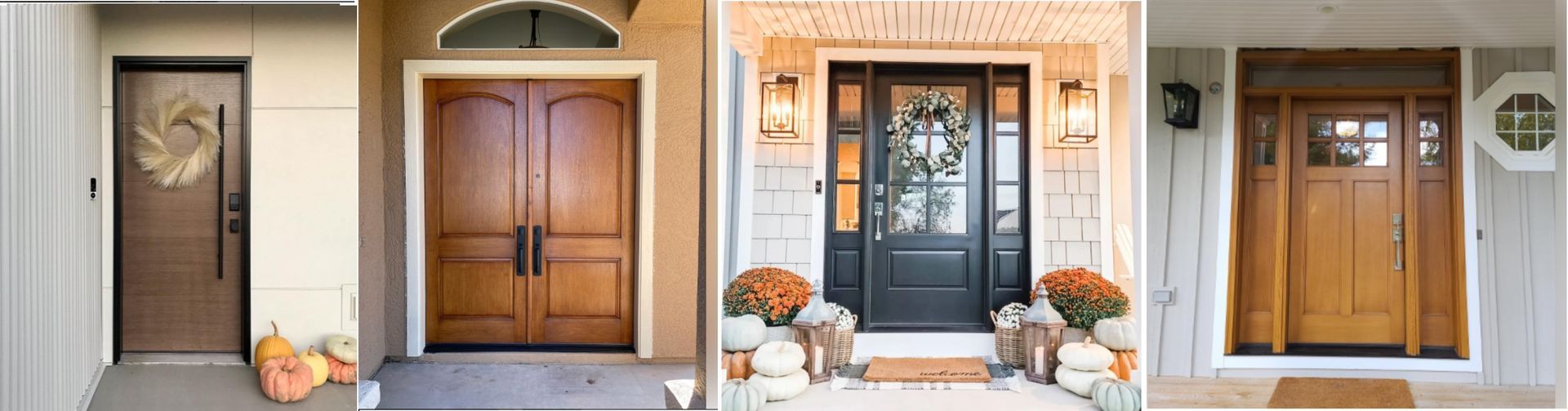 Four front door styles on a porch, including wood, glass, and decorative autumn wreaths