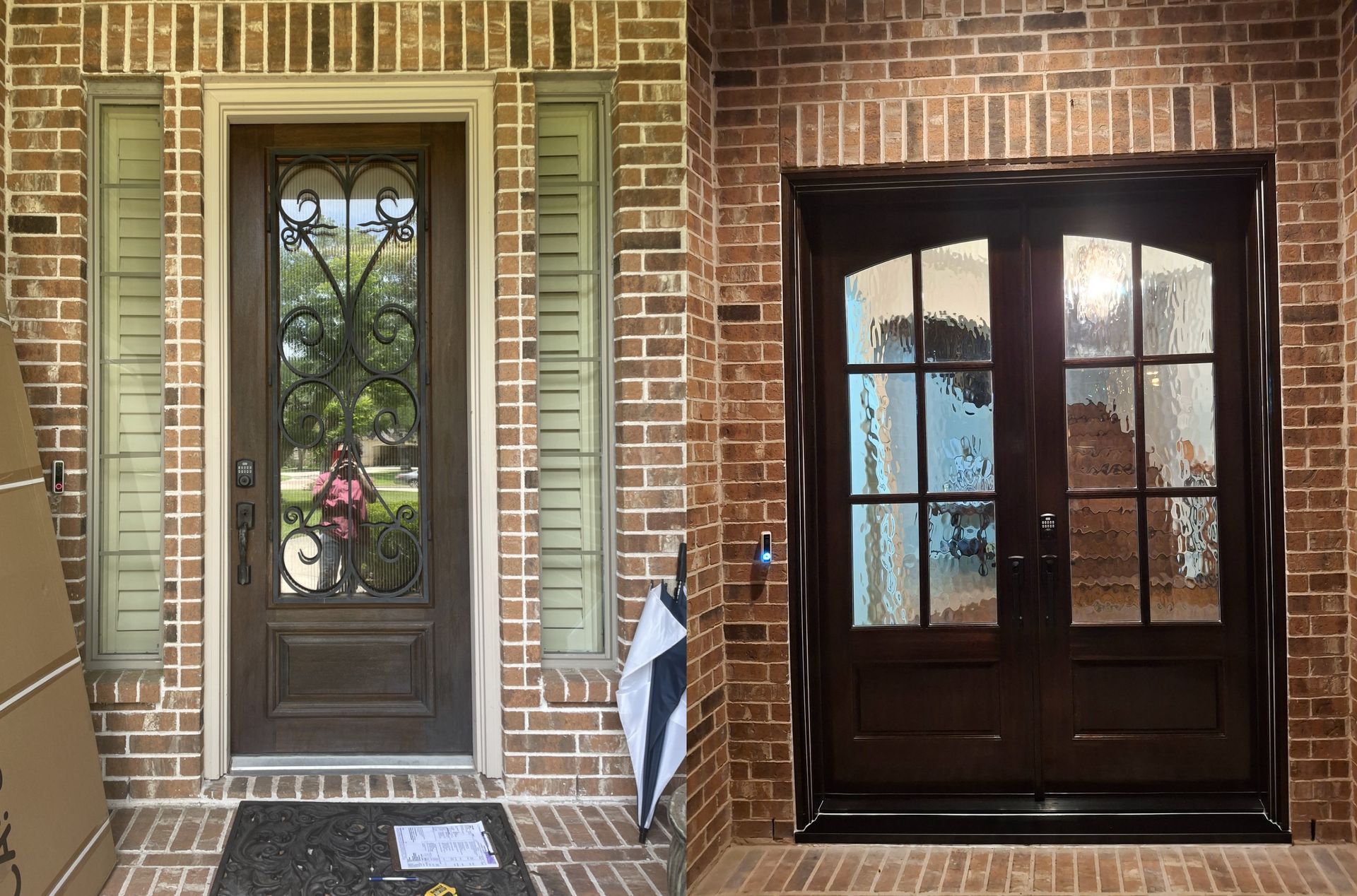 Two front doors on a brick house: a gray single door and dark double doors with glass panes