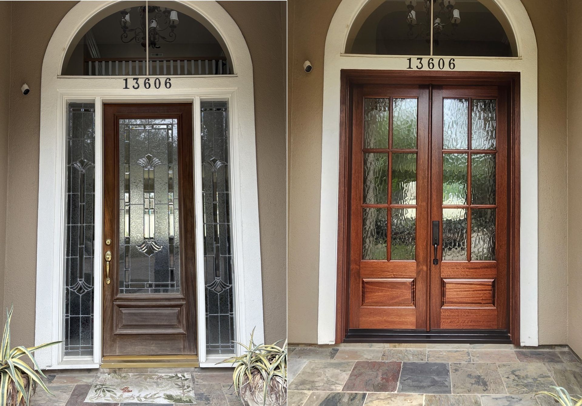 Two front doors with arched transoms, one dark wood and one red wood, in a stone entryway.