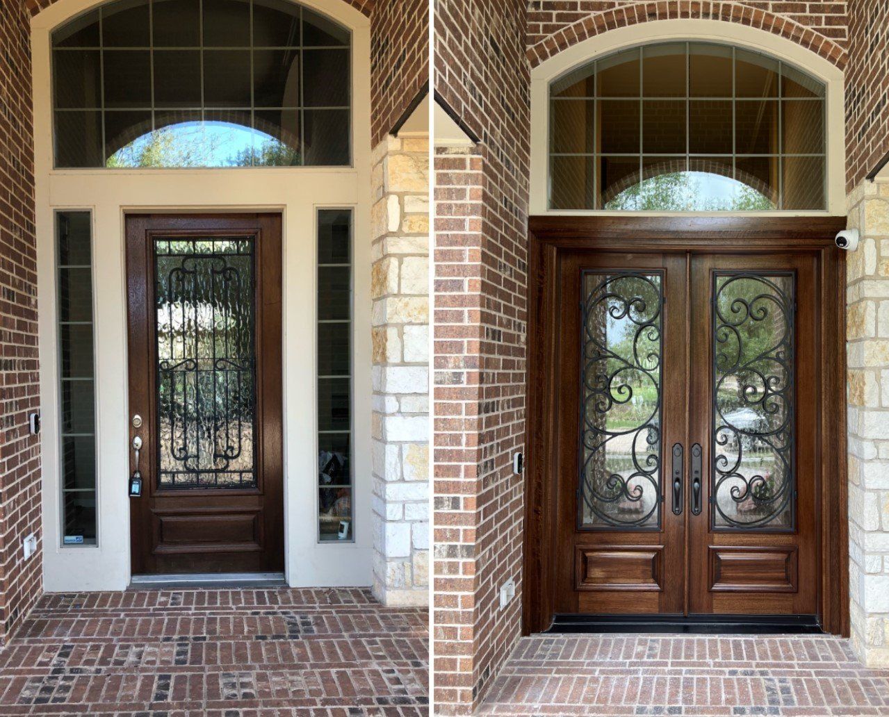 Before-and-after view of a front entry door, showing a dark wood door with decorative glass panels.