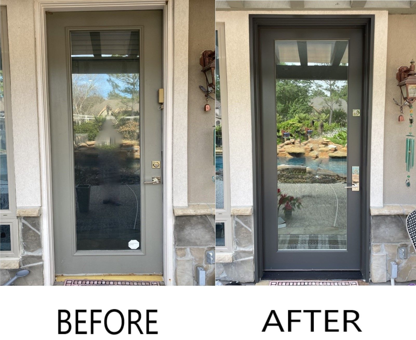 Before-and-after front door replacement with a glass storm door on a house entryway.