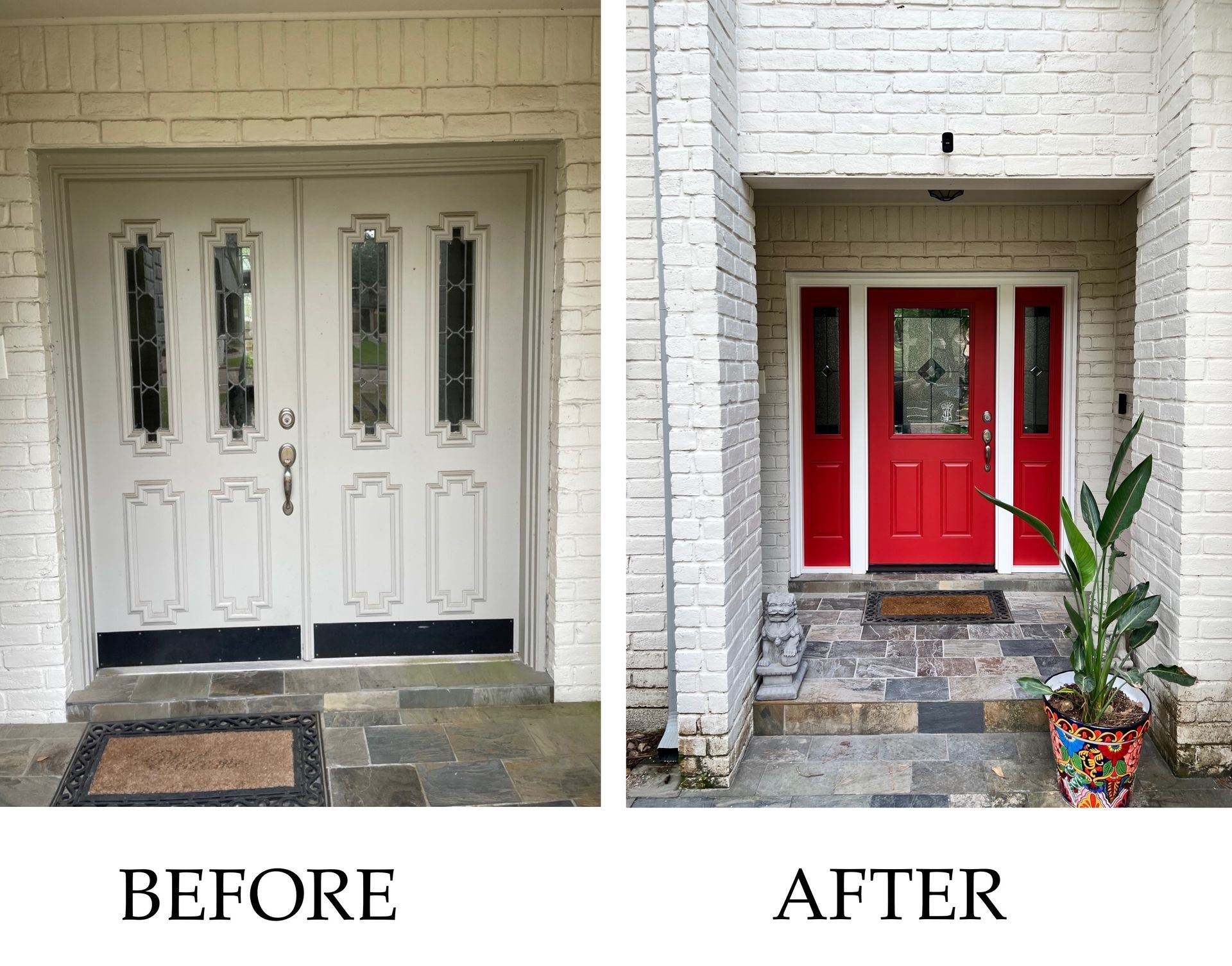 Before-and-after front entry makeover: white doors changed to a red door with sidelights and stone steps.