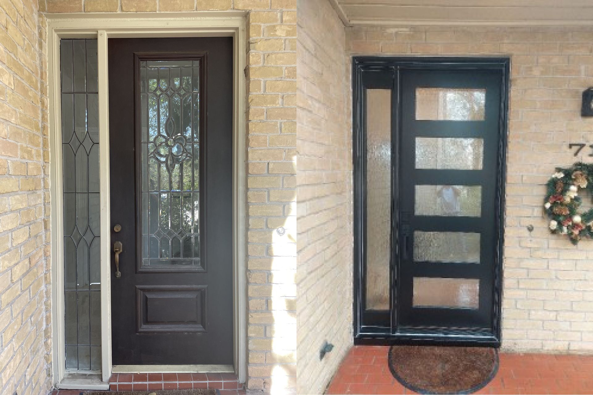 Front porch with a black front door and a matching black side door on a tan brick house.