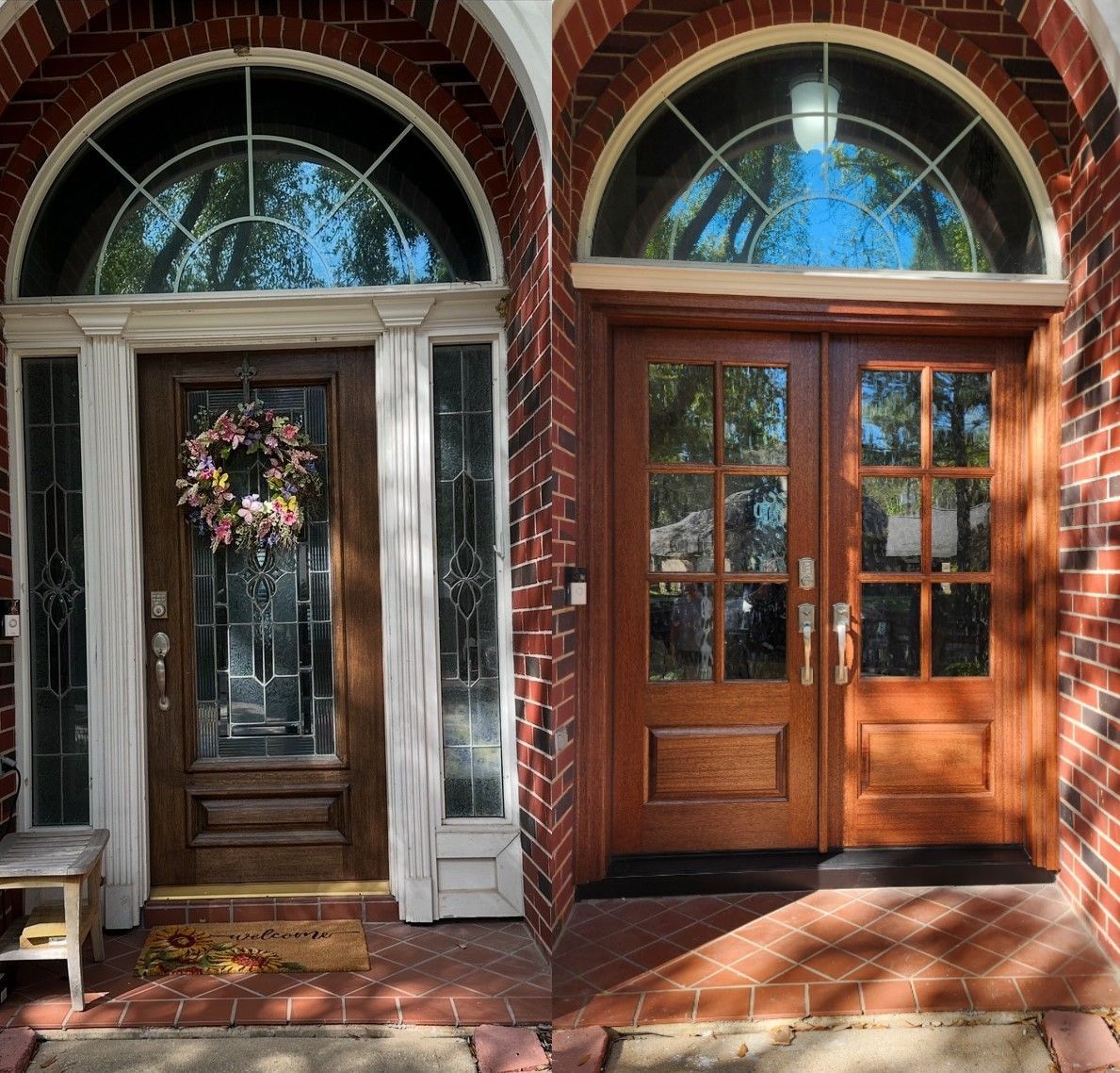 Two front doors on a brick porch, one white with a wreath and one wooden with glass panes.
