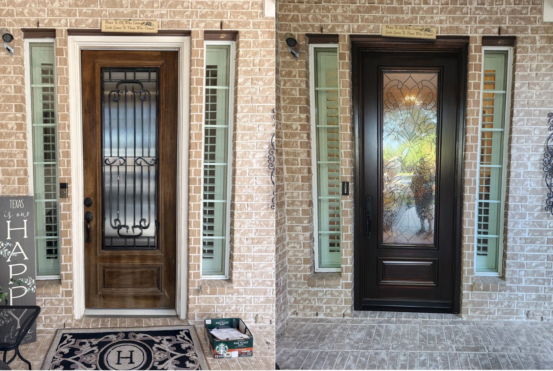 Two front doors on a stone house, one wood and one black, with narrow glass side windows