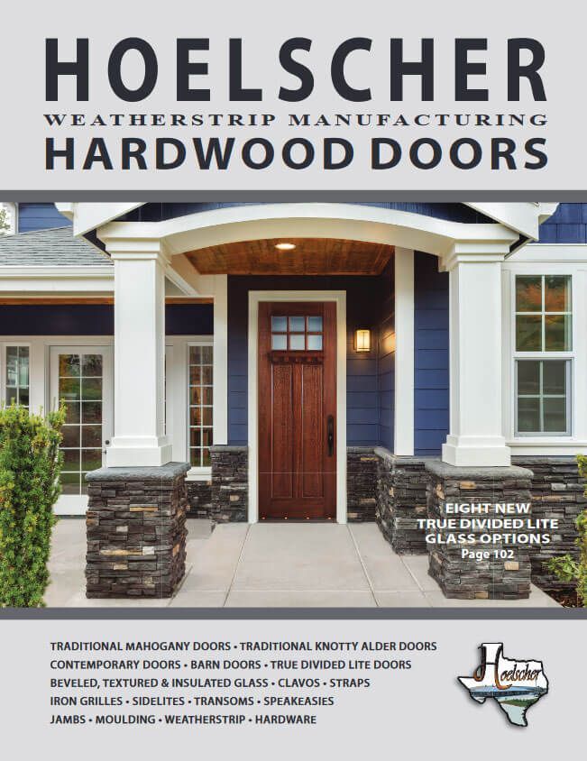 Hoelscher Weatherstrip Manufacturing hardwood doors ad with a front entry and wood door display