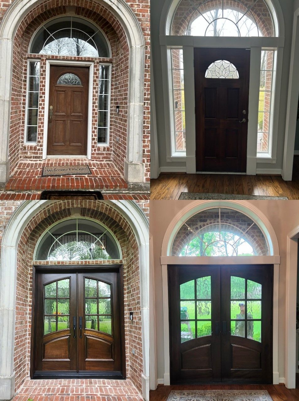 Four arched wooden front doors in brick entryways, shown in a 2x2 comparison grid.