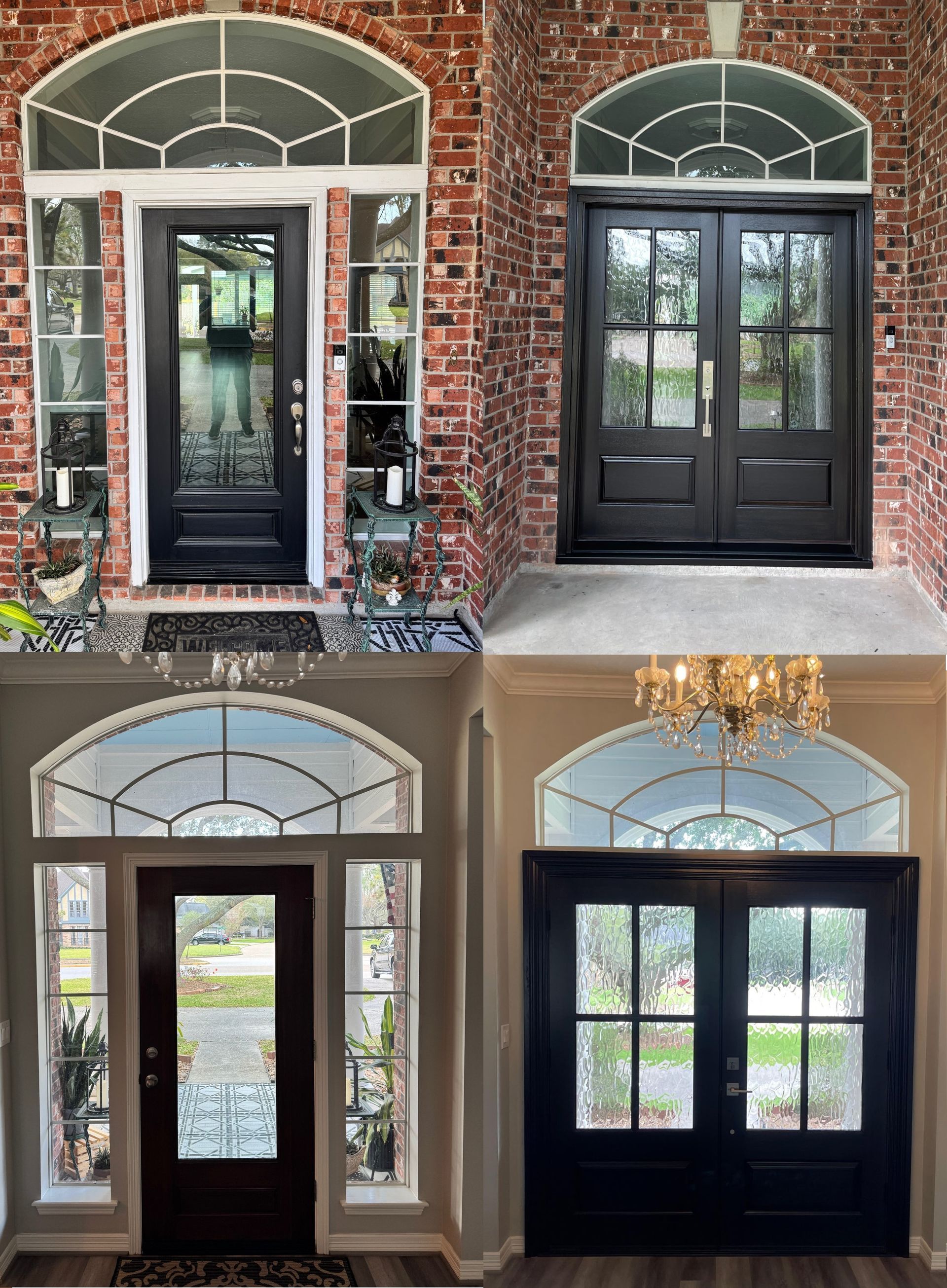 Four views of a home’s front entryways with black doors and arched transom windows.
