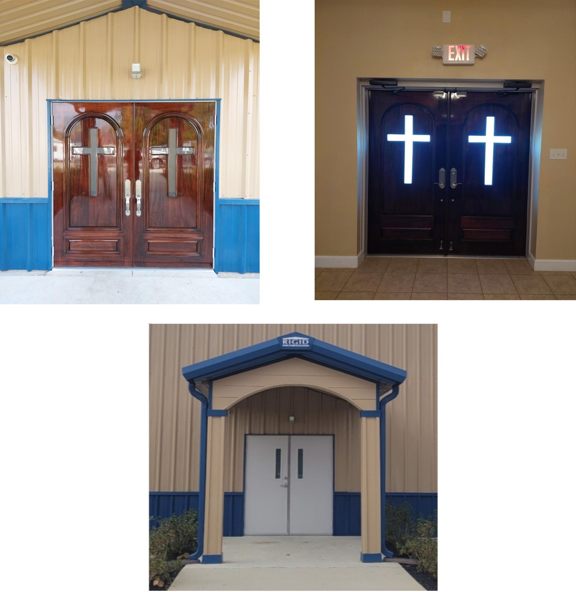 Three church entrance doors: wooden, illuminated cross doors, and white double doors under blue trim.