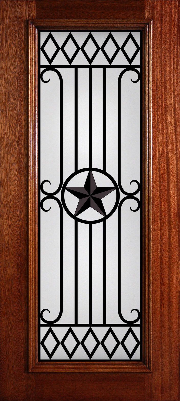 Decorative frosted glass door panel with black geometric and star design in a wooden frame