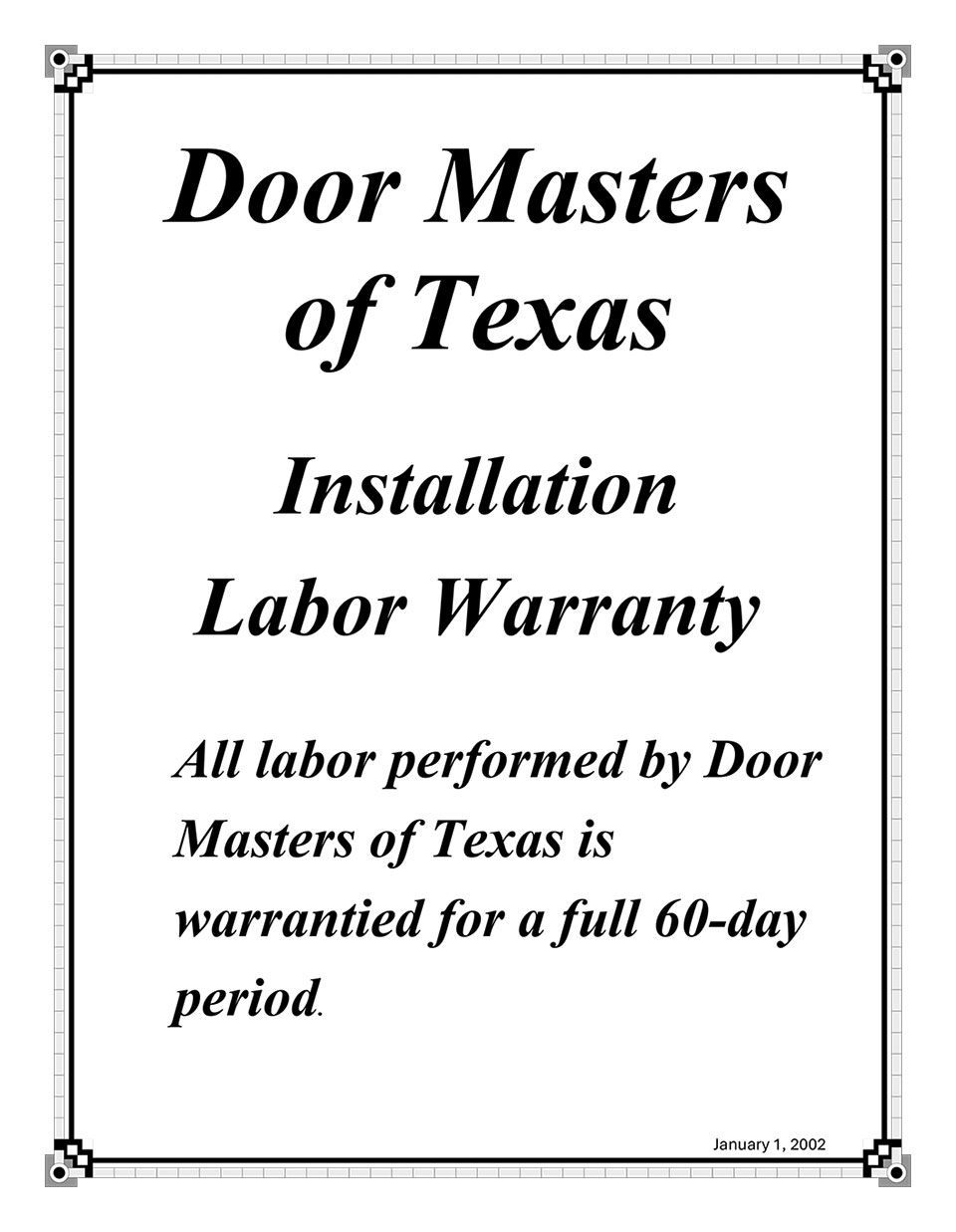 Door Masters of Texas installation labor warranty notice on white paper in black text