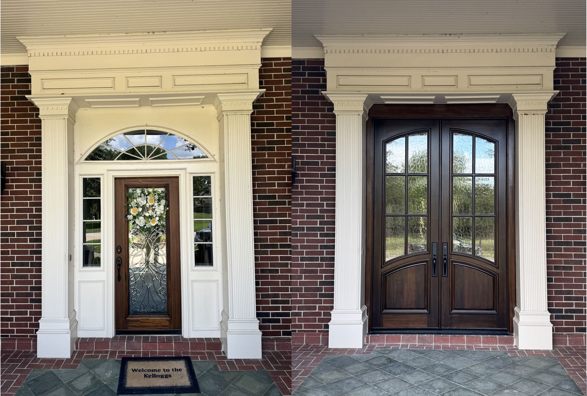 Two ornate front doors on a brick house, one white-framed with glass and one dark wood with arched glass panels.