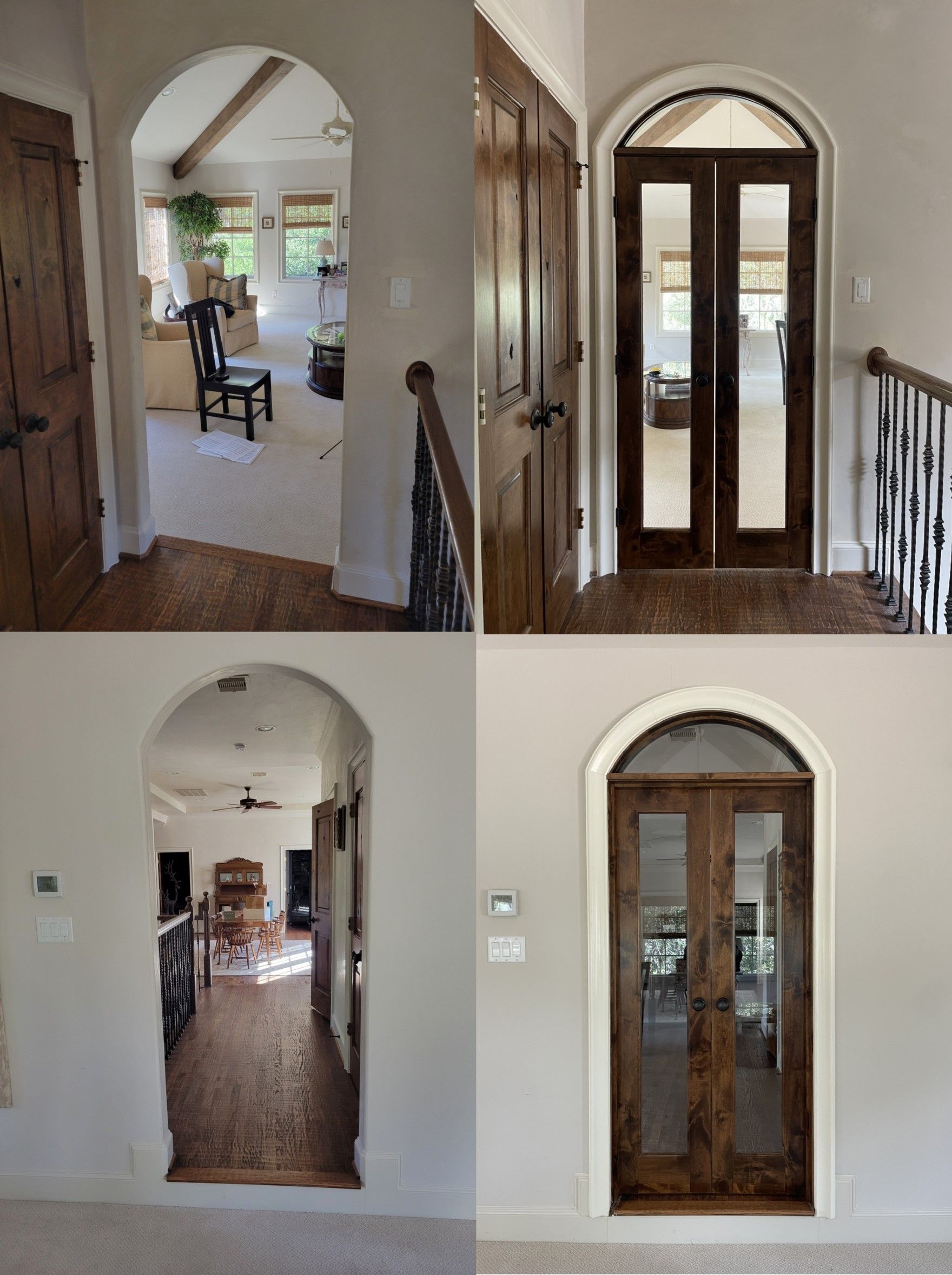 Interior hallway and arched doorway views in a bright home, with white walls and wood trim.