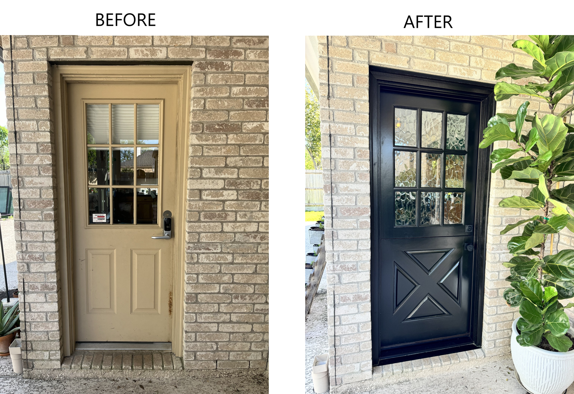 Before-and-after view of a tan door transformed into a black Dutch-style door on a brick exterior.
