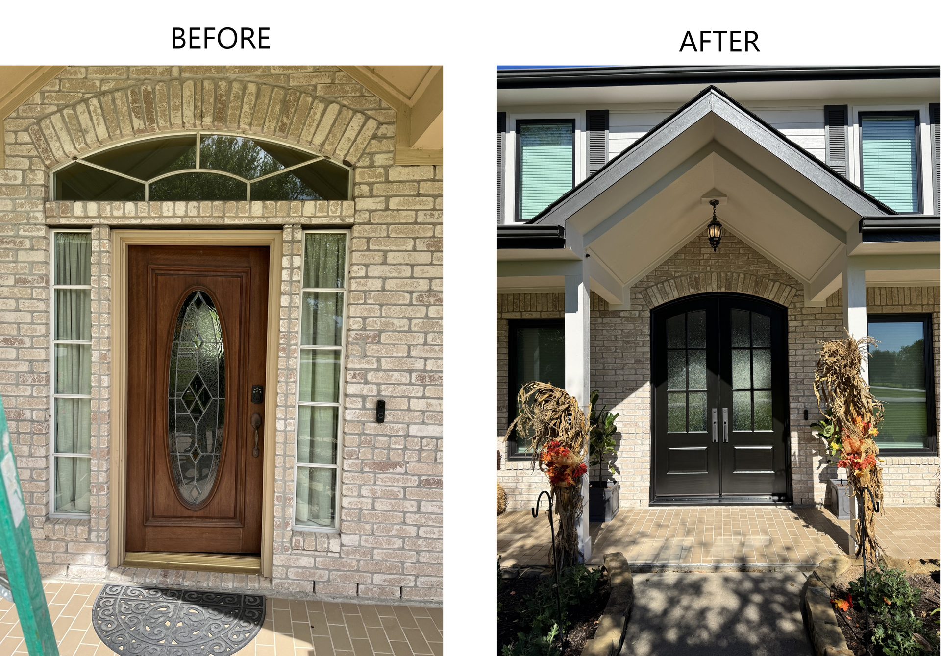 Before-and-after of a home entryway remodel: old stone door replaced by a modern covered front porch.