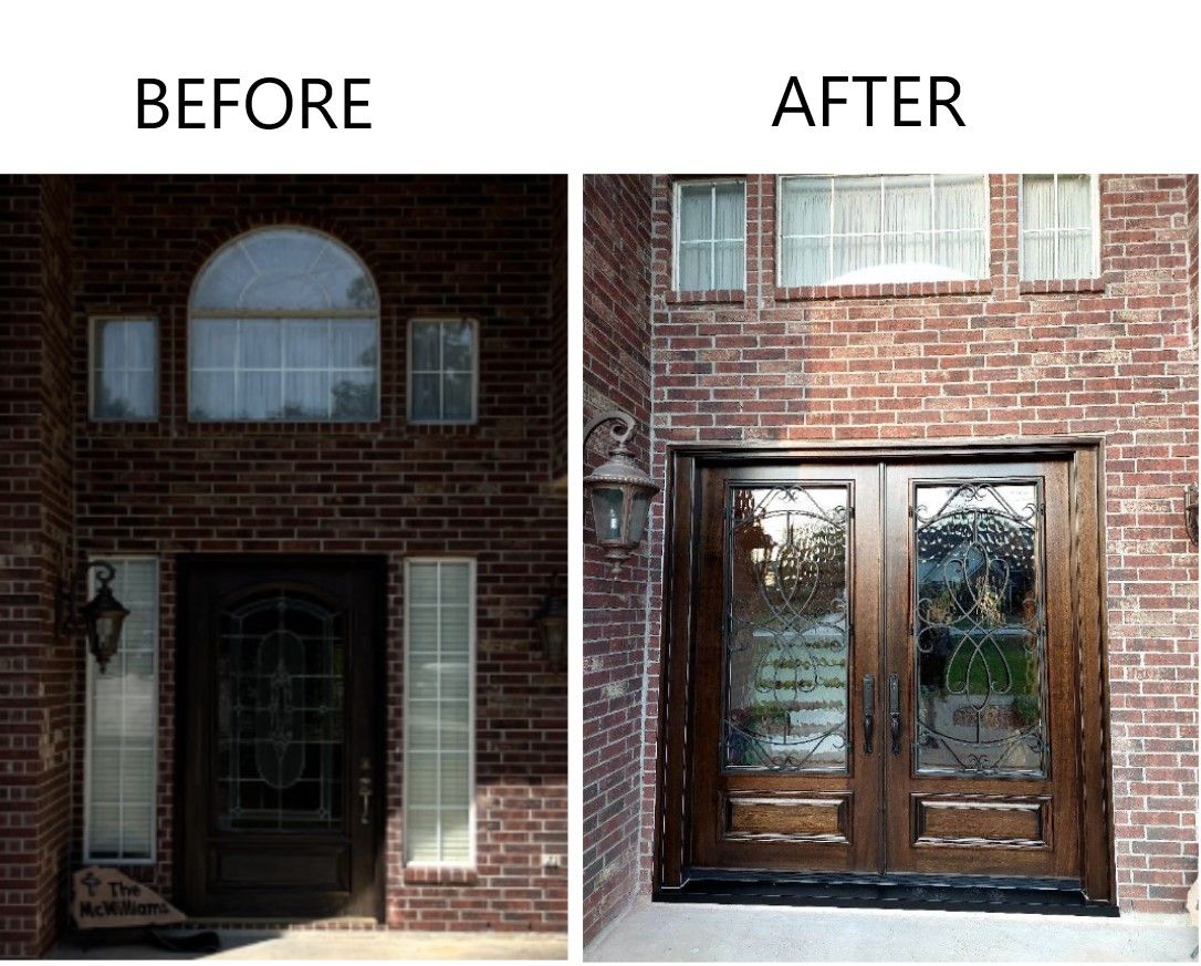Before-and-after of a brick house entry: old dark front door replaced with glass-paneled double doors.