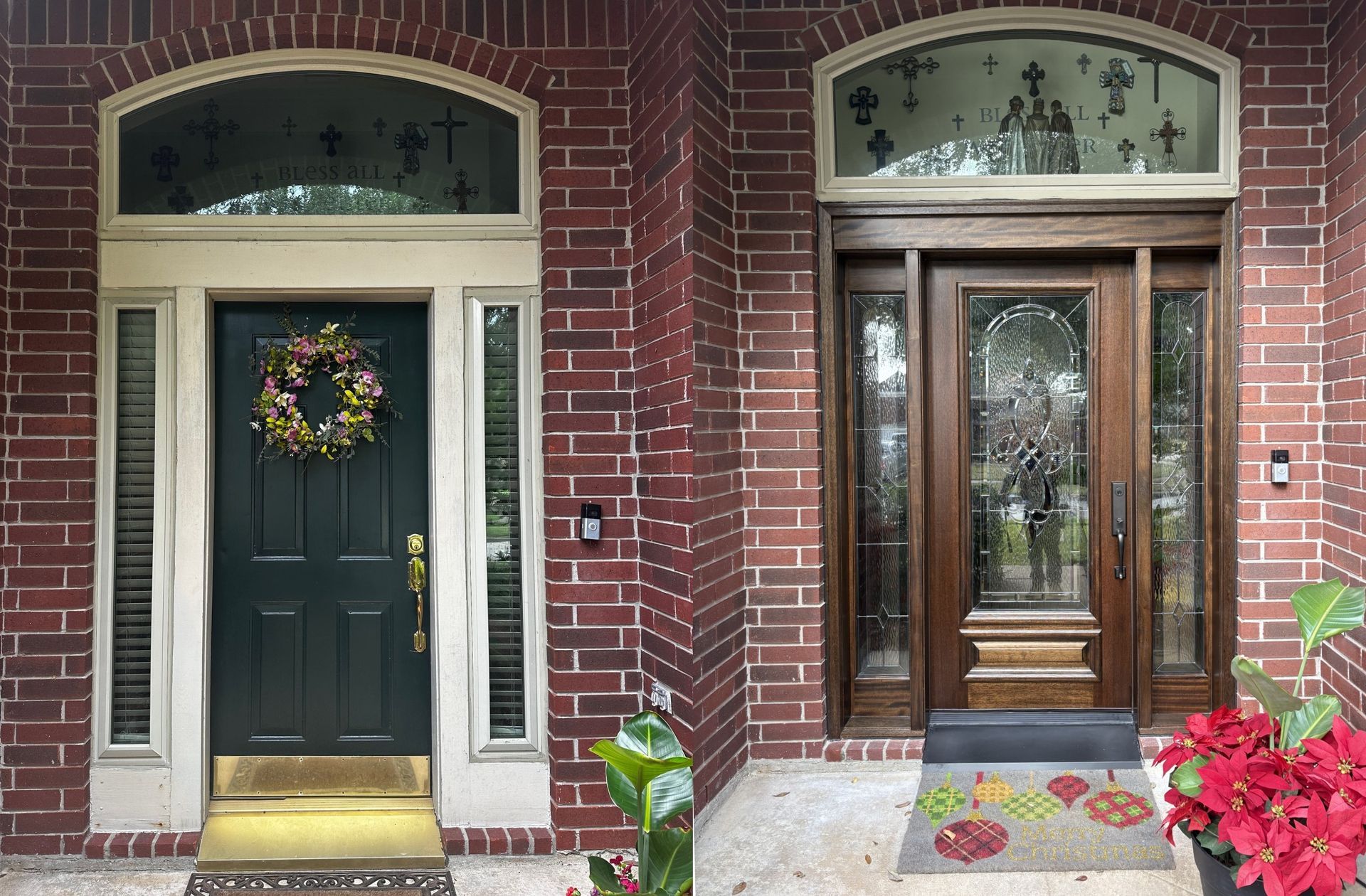 Two front doors on a brick townhouse, one dark green and one wood, both decorated with wreaths and plants.