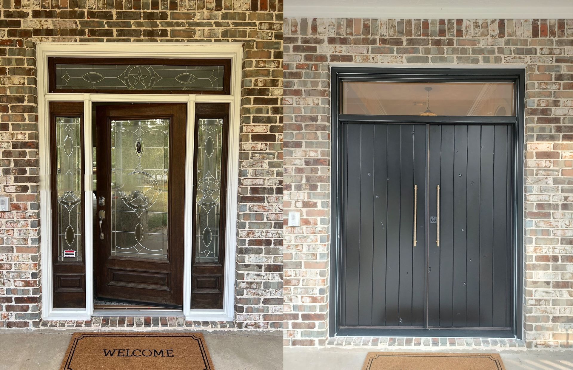 Brick house facade with a wooden front door and a dark gray double door, each under a porch overhang