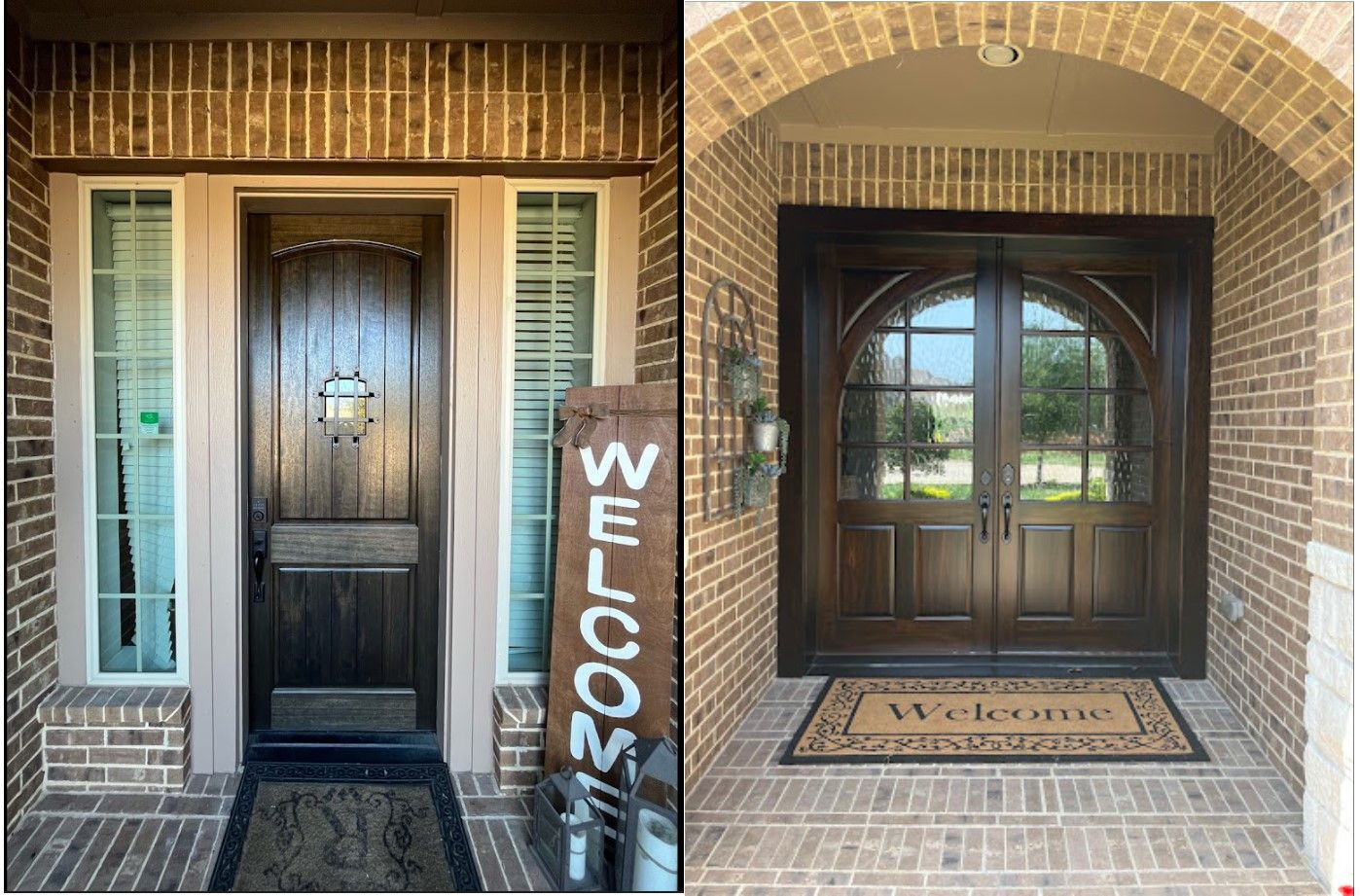 Two front doors under brick arches, one with a “WELCOME” sign, in a brick entryway