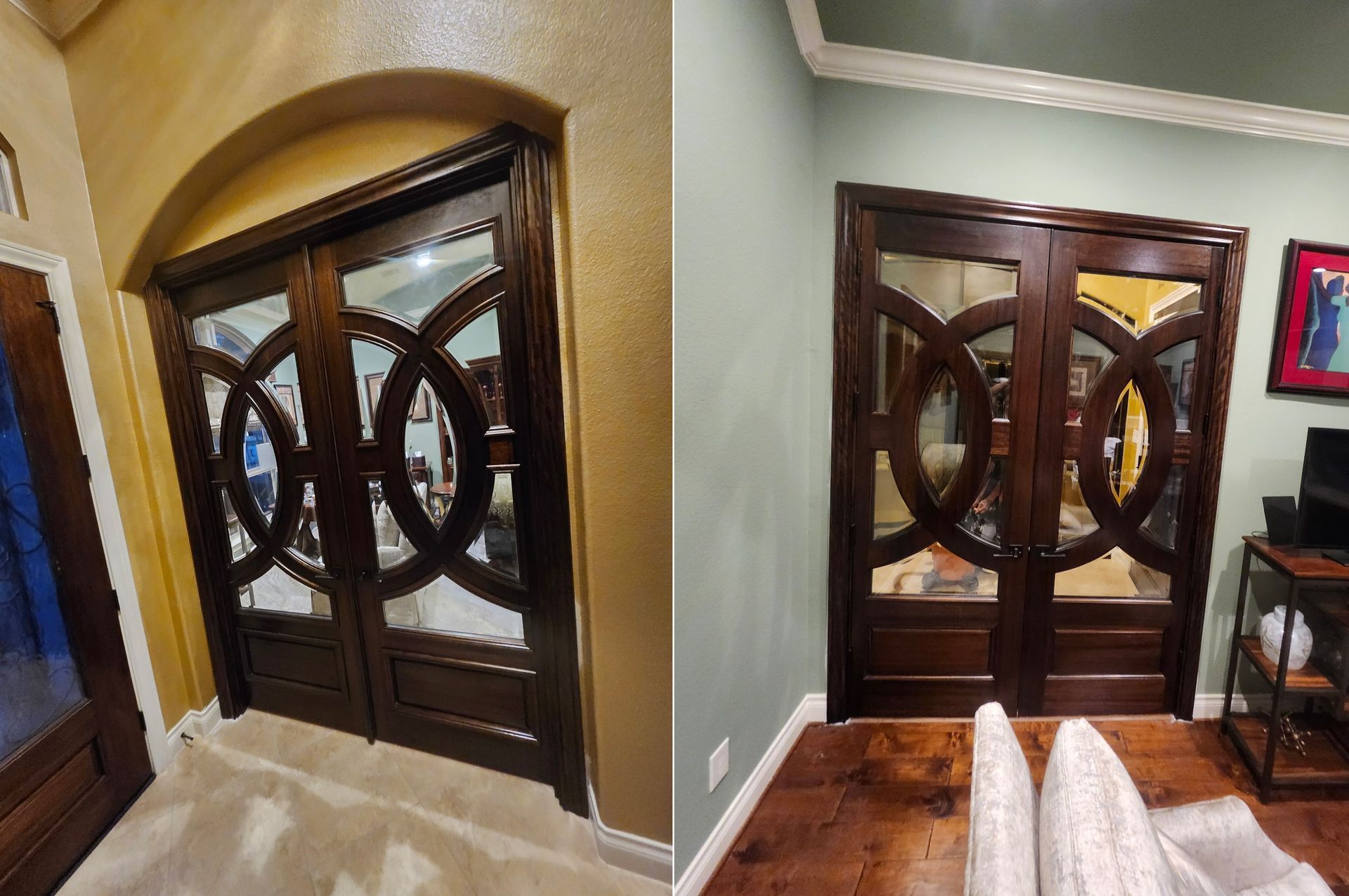Double wooden front doors with circular glass designs in a home entryway.