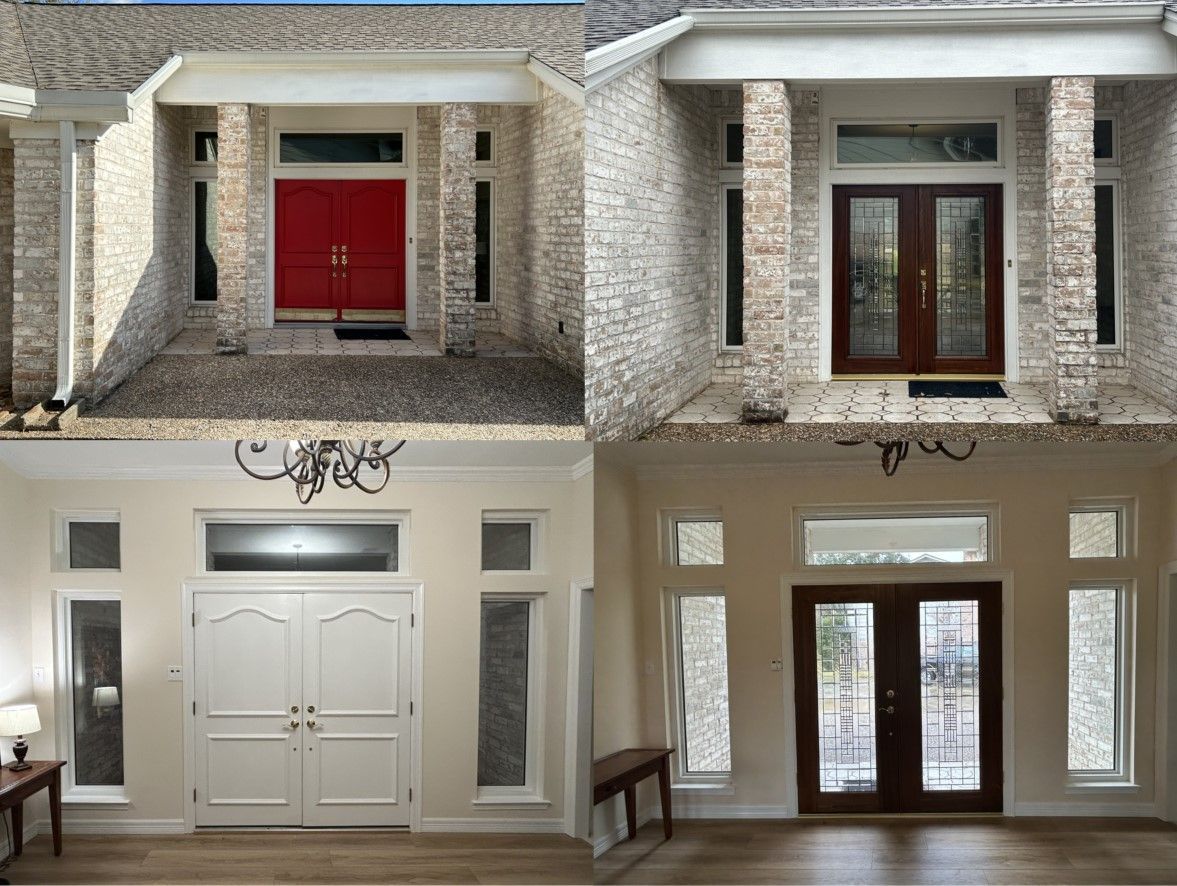 Collage of four home entryways with double front doors in red, white, and dark wood finishes