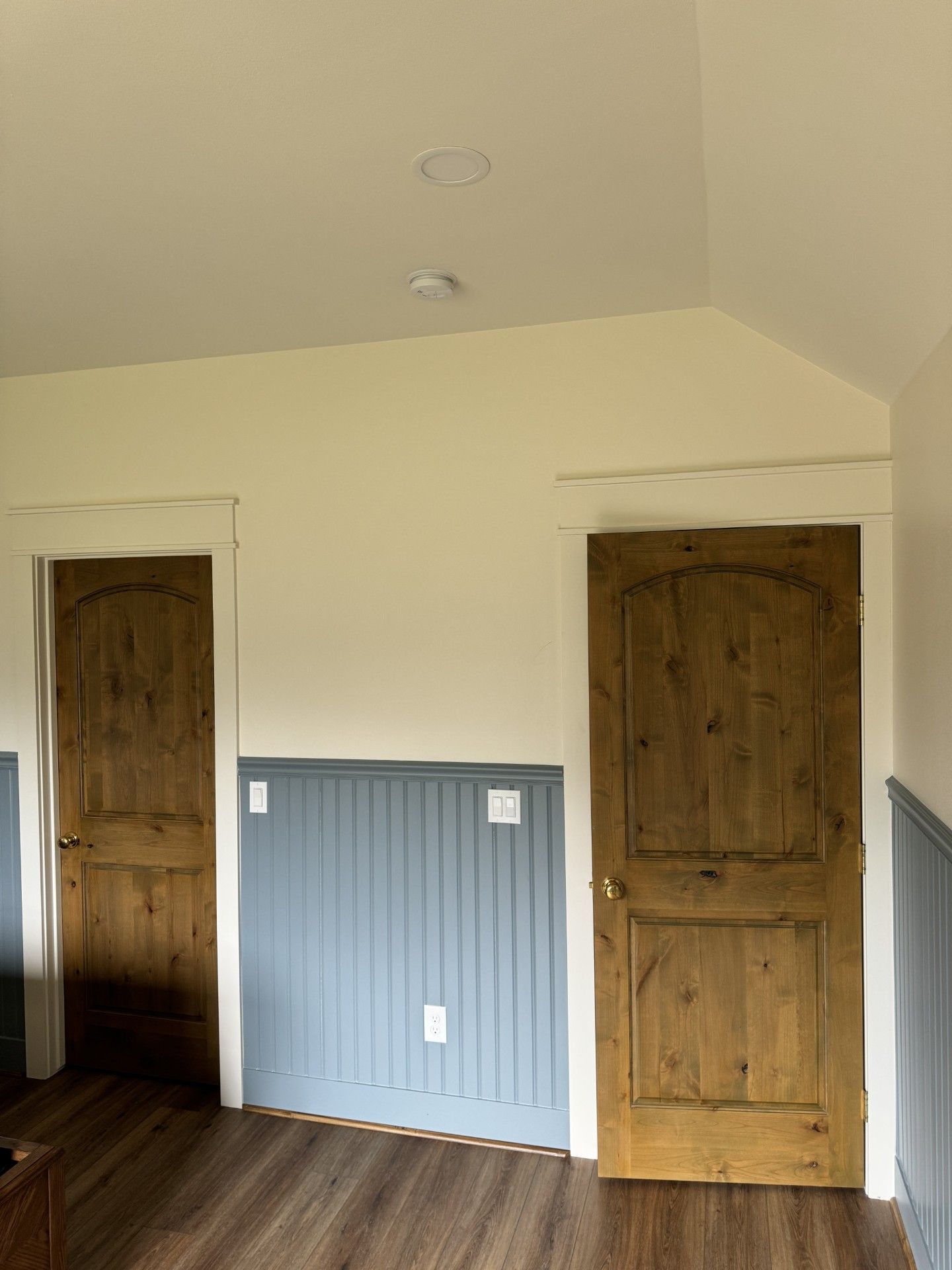 Interior room with two wooden doors, blue wainscoting, and a sloped ceiling.