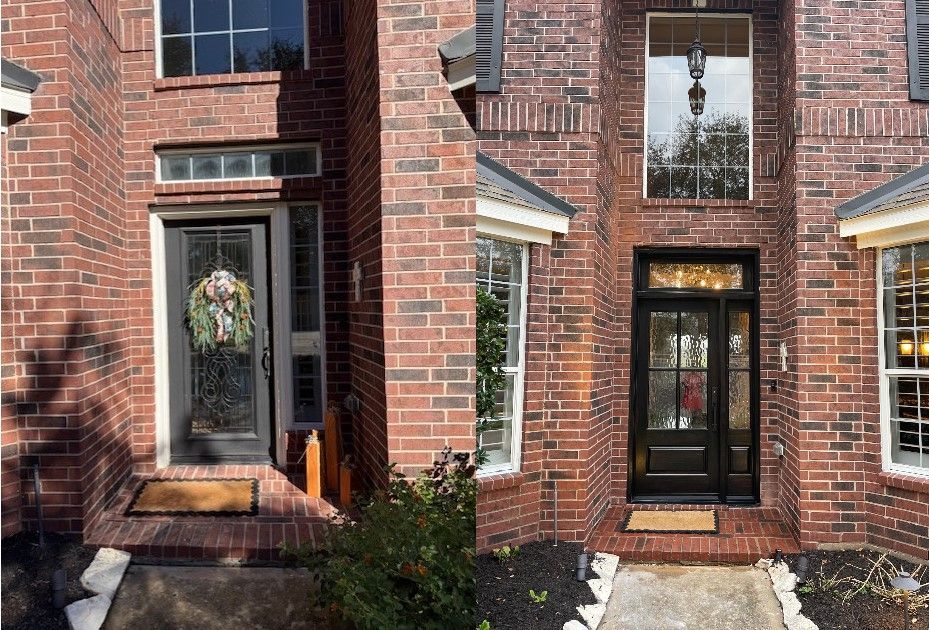 Brick townhouse entrances with black doors, white trim, and a wreath on the left door