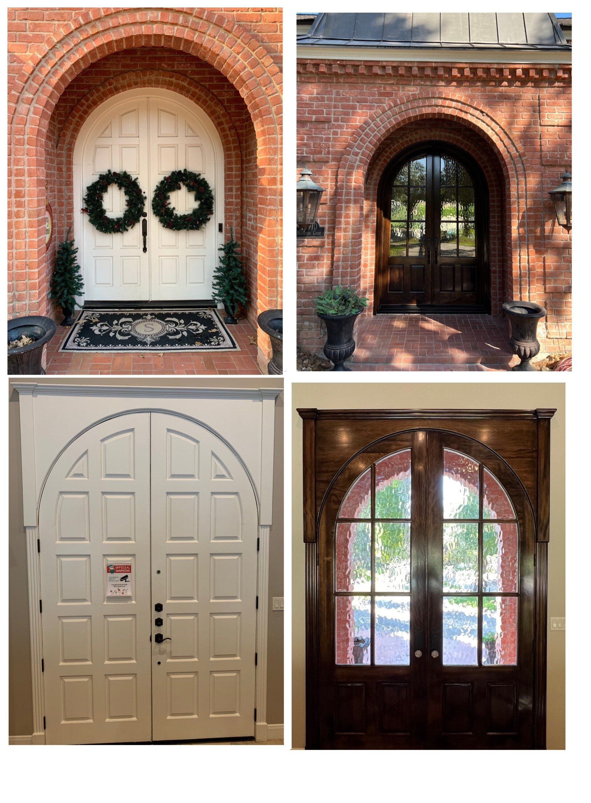 Four arched brick doorways and entry doors, including wreaths and glass panes, in a collage.