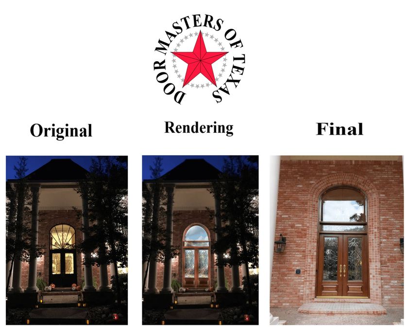 Before-and-after facade restoration of a brick storefront with arched doorway, shown as original, rendering, and final.