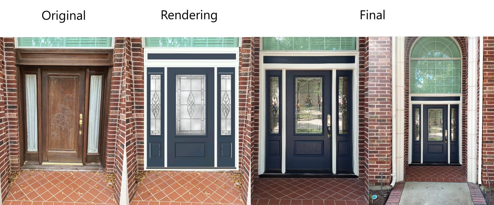 Four doorway design stages: original brick entrance, rendering, and two final dark-blue door mockups