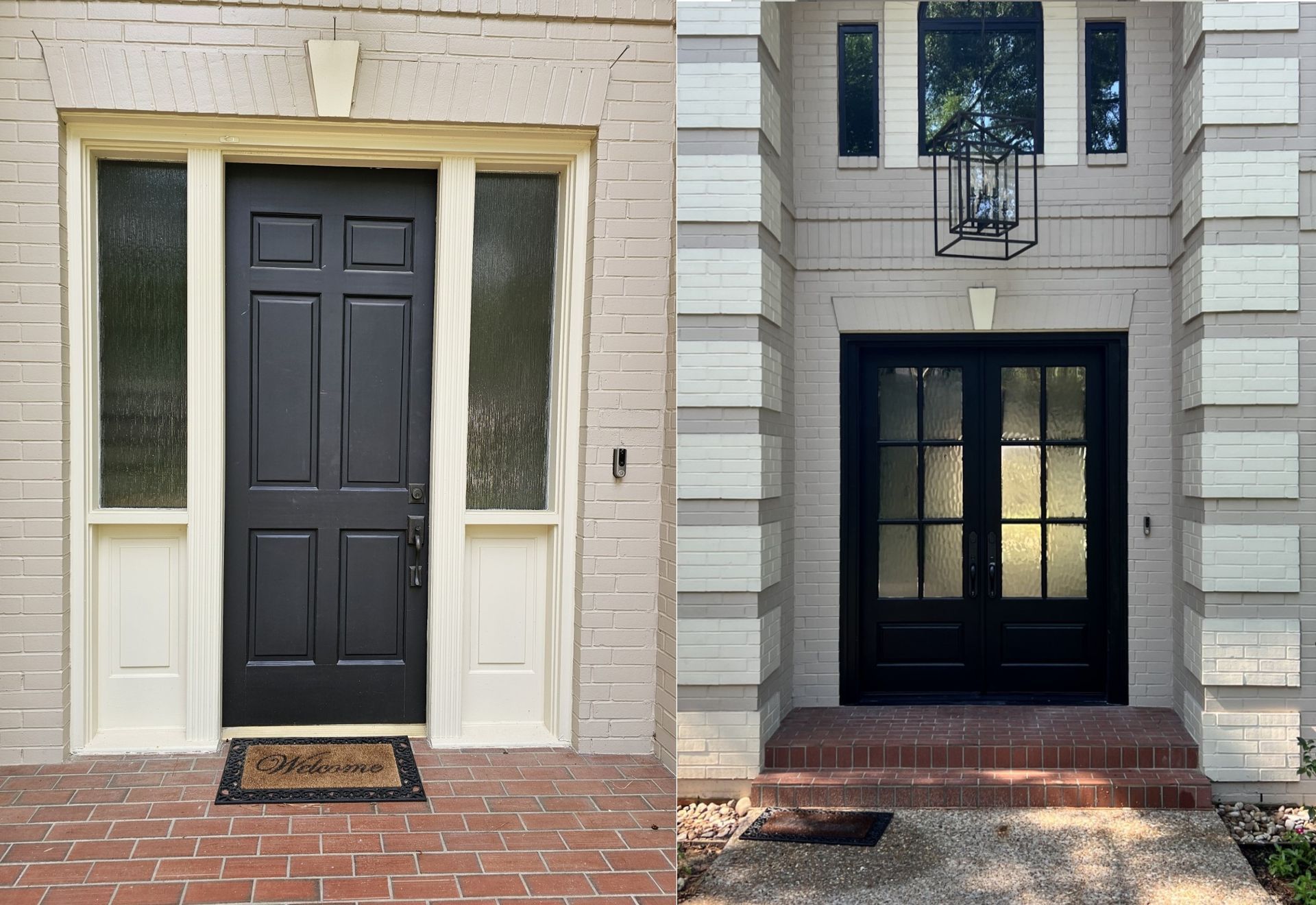 Two black front doors on brick entryways with beige siding and sidelights
