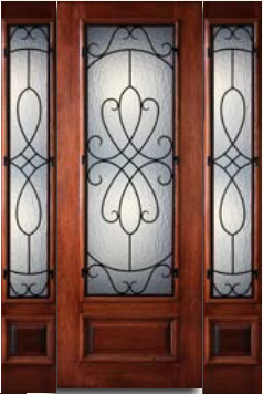 Wooden front door with frosted glass panels and ornate black iron scrollwork