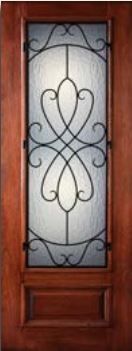 Decorative wooden front door with frosted glass panel and ornate black wrought-iron scrollwork