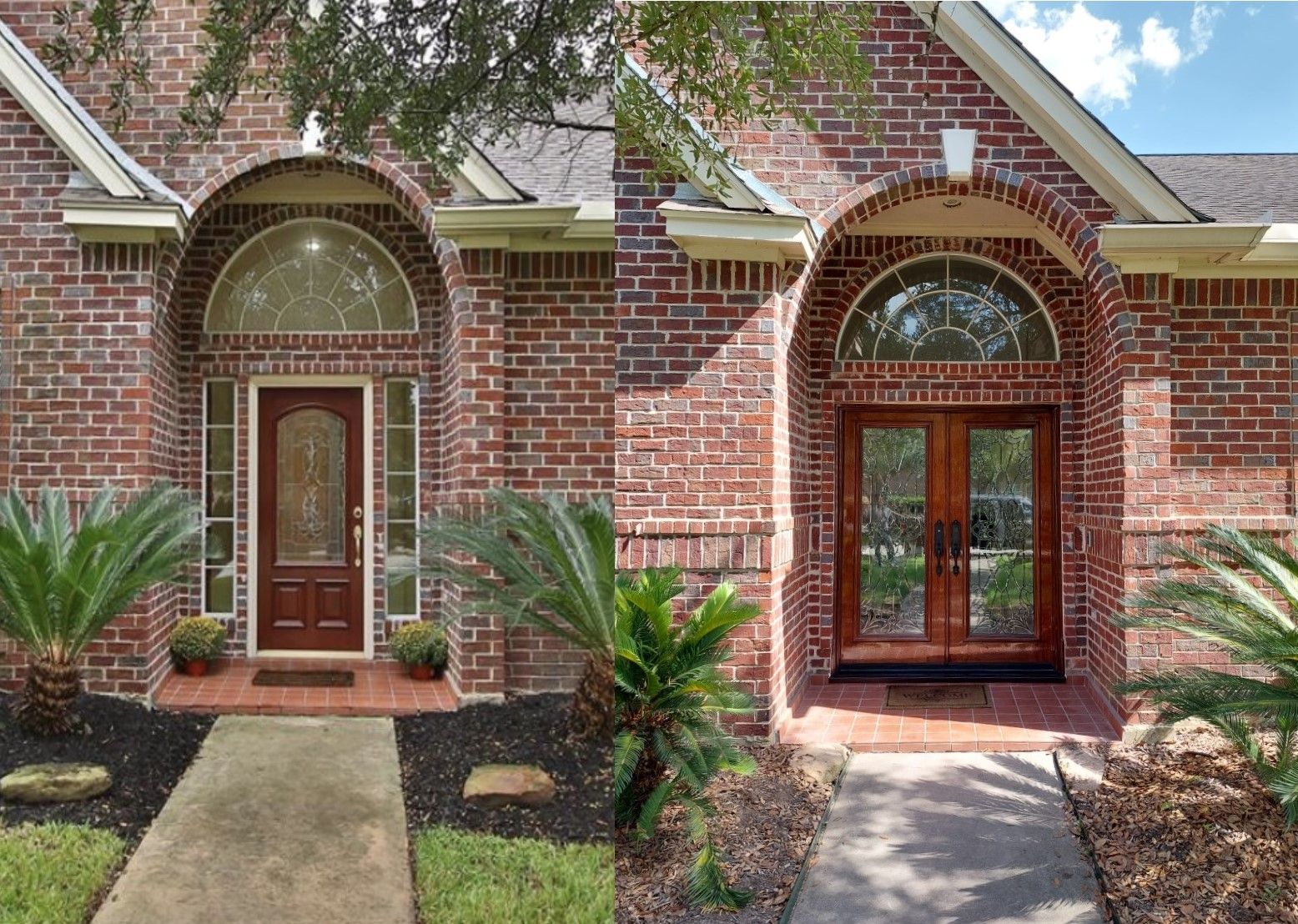 Two brick townhouse entrances with arched doorways, windows, and landscaped front paths.