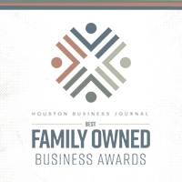 Houston Business Journal Best Family Owned Business Awards logo in gray, rust, and green-blue.