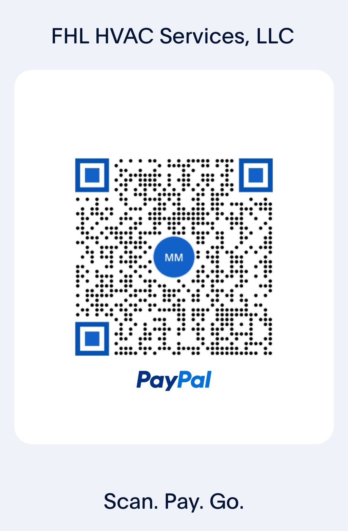FHL HVAC Services, LLC PayPal QR code with “Scan. Pay. Go.” text