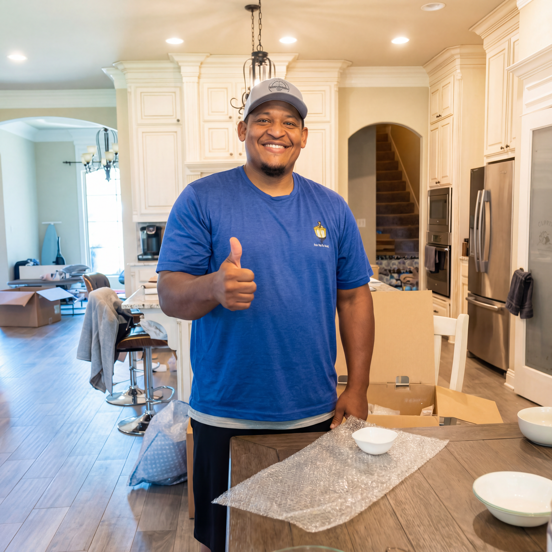 Smiling man in a blue shirt gives a thumbs-up in a bright kitchen.
