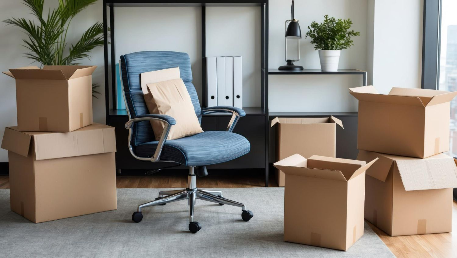 Moving boxes around a blue office chair in a modern home office with shelves and plants