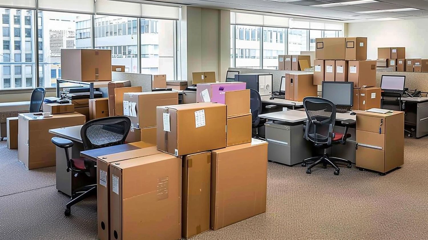 Office full of stacked moving boxes and chairs in an empty workspace with large windows.