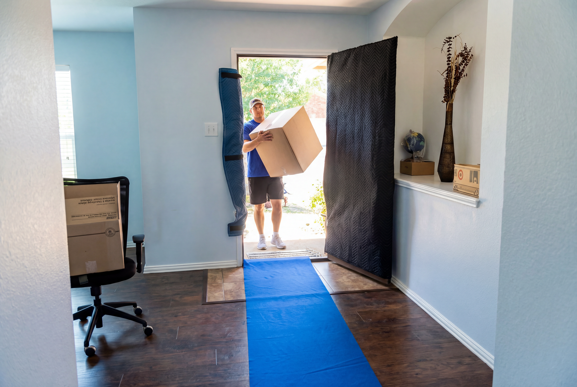 Person carrying a large box through an open front door into a blue-walled room
