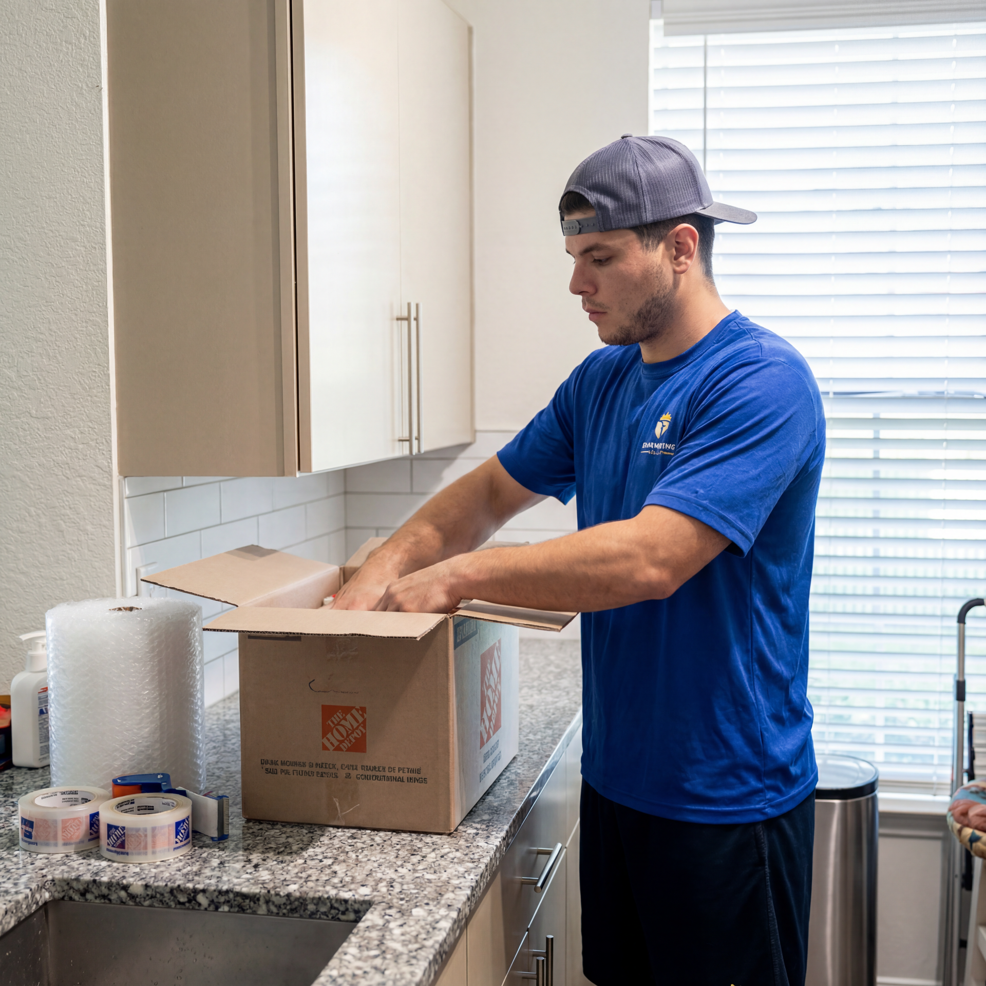 Man in blue shirt packing items into an open cardboard box on a kitchen counter